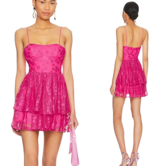 Lovers + Friends Jia Lace Tiered Mini Dress in Electric Pink Floral Size M - Picture 1 of 7